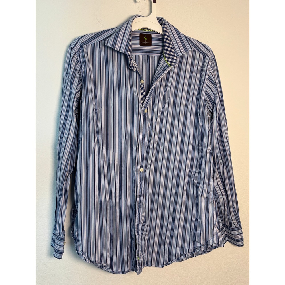 Tailorbyrd Mens Large Blue White Striped Long Sleeve Button Down Shirt Gingham